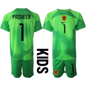 Holandsko Remko Pasveer #1 Brankářské Dětské Domácí dres komplet MS 2022 Krátký Rukáv (+ trenýrky)